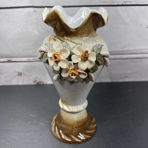 Vintage Studio Art Pottery 8 Inch Vase Applied Leaves Flowers Signed